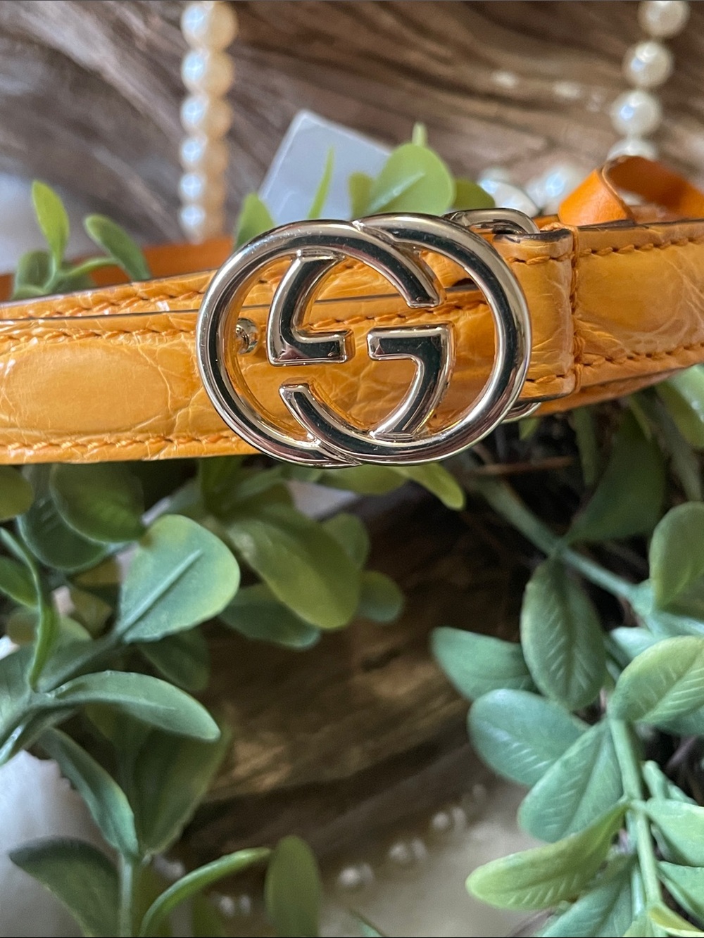 🐝Gucci® Gorgeous..
 Mustard Orange Croc-Embossed Leather Belt